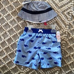 Beach Bundle! Boys 18M Blue Whale Swim Trunks & Reversible Sun Hat 12-24M